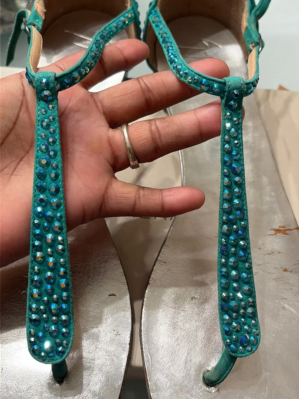 Giuseppe Zanotti Teal Crystal T-Strap Sandals 41